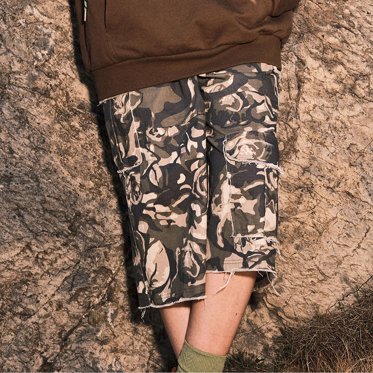 【GENANX2024NEW】Vintage cargo style camo print multi-pocket cotton capri casual pants