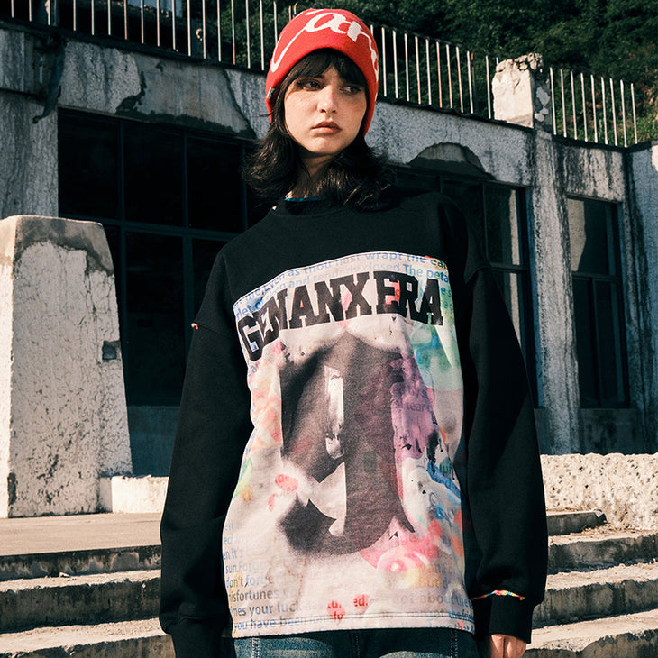 【GENANX2024NEW】Far-infrared self-heating constant temperature exotic material Mosaic letter printed round neck hoodie