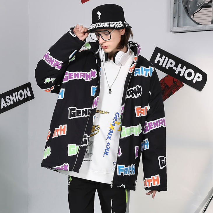 【GENANX2024NEW】Fun letter-printed zippered stand-up collar with rotator sleeve loose padded jacket.