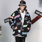 【GENANX2024NEW】Fun letter-printed zippered stand-up collar with rotator sleeve loose padded jacket.