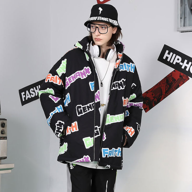 【GENANX2024NEW】Fun letter-printed zippered stand-up collar with rotator sleeve loose padded jacket.