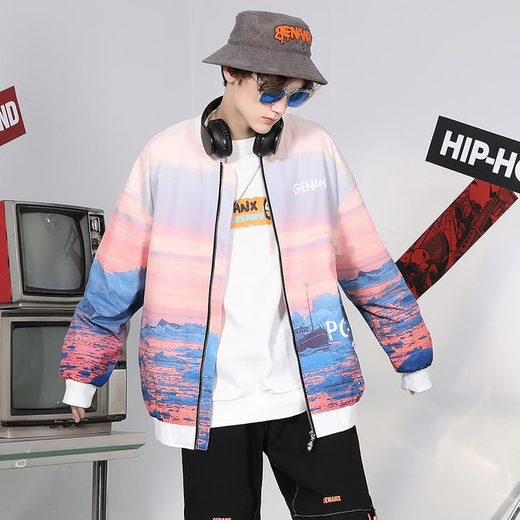 【GENANX2024NEW】Sunset Iceberg English print sleeved baseball collar jacket