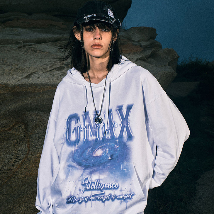 【GENANX2024NEW】Cosmic Blue Star River alphabet print drawstring kangaroo ribbed hood with drawstring rotator sleeves pure cotton hoodie