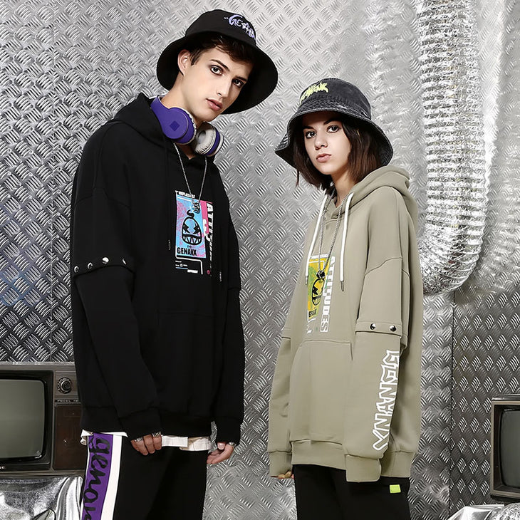 【GENANX2024NEW】Cartoon printed buttons decorated kangaroo hoodie with drawstring