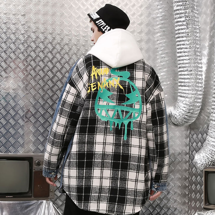 【GENANX2024NEW】Splicing chequered tattoo lamb fleece denim jacket