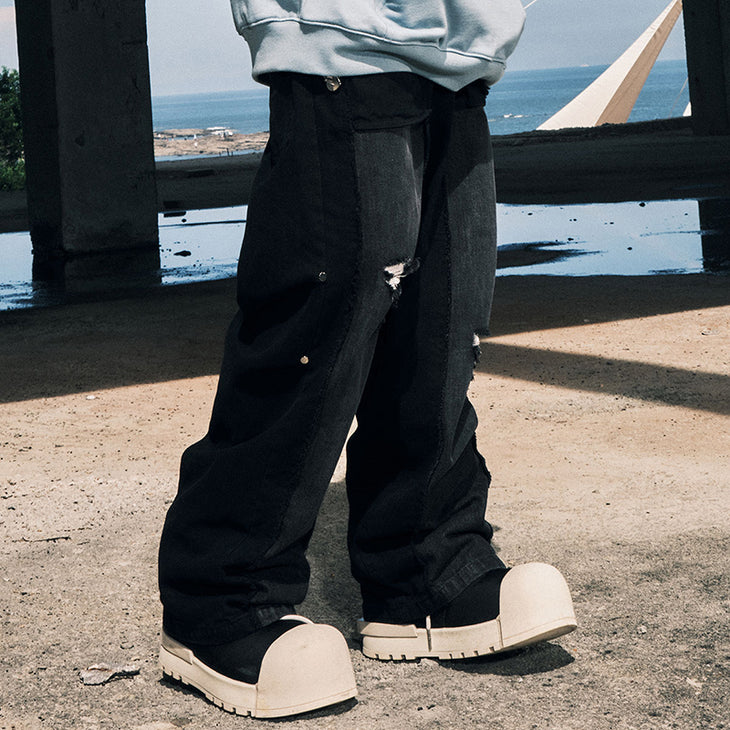 【GENANX2024NEW】Patch affixed cloth hole enzyme washing cotton pants of bootleg jeans