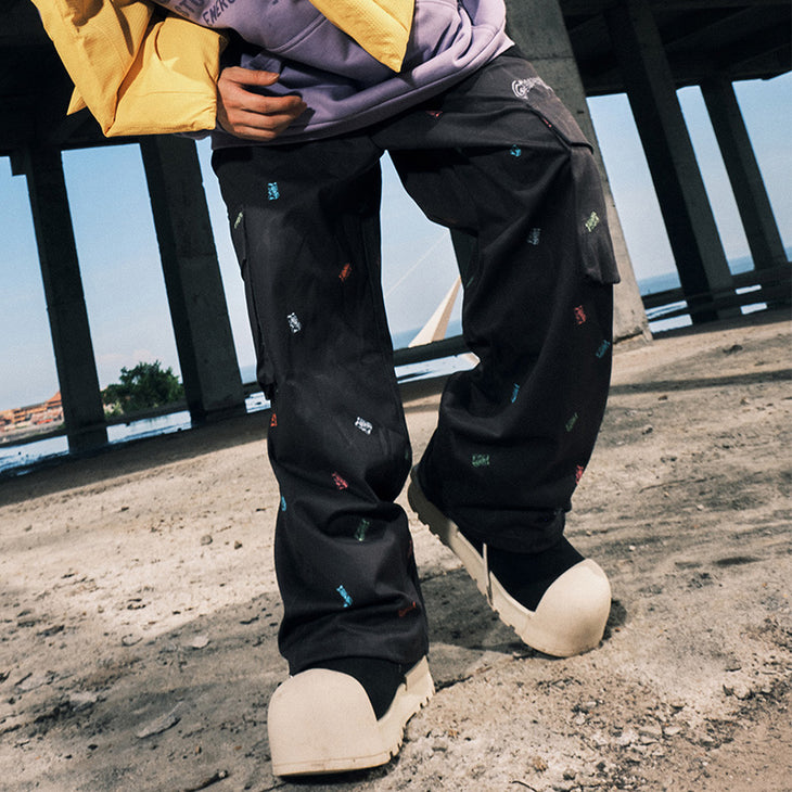 【GENANX2024NEW】Creative spliced side pocket adjustable elastic leg loose straight leg casual pants