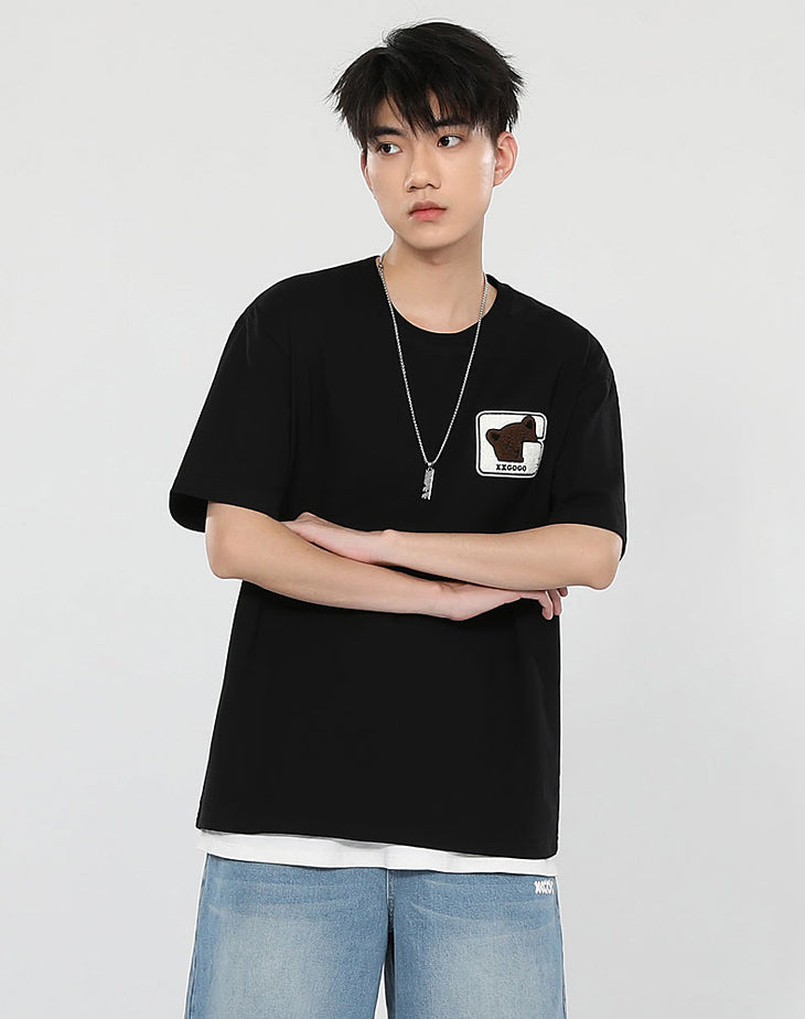 Cotton T-shirt with ruffled bear logo with loose sleeved round neck