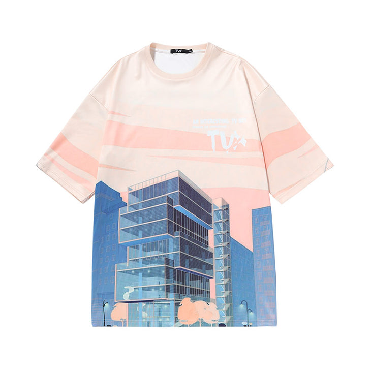 Color patchwork city architecture letters printed space cotton couple T-shirt