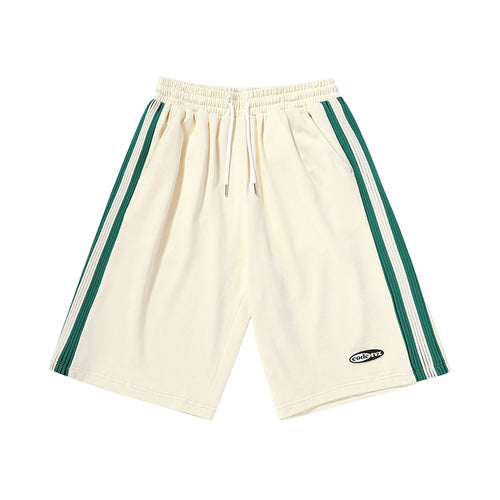 Simple style white green side stripes elastic drawstring cotton quarter pants