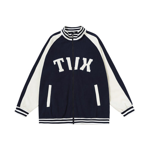 Color contrast patchwork rotator sleeve letter-tape embroidered baseball jacket with stand-up collar