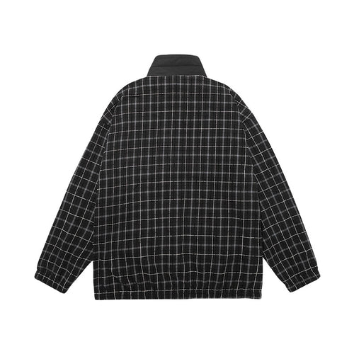 Black, white and grey plaid monogrammed label elastic-ribbed lapel jacket