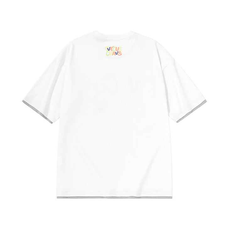 Cotton T-shirt with candy-colored monogram print and patchwork cuff hem