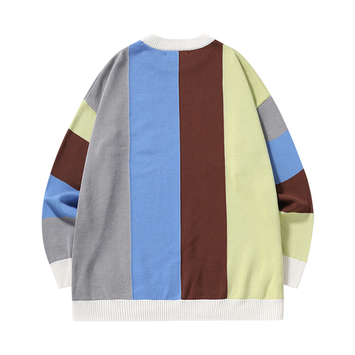 Color matching striped cartoon embroidered sweater with loose sleeved crew neck