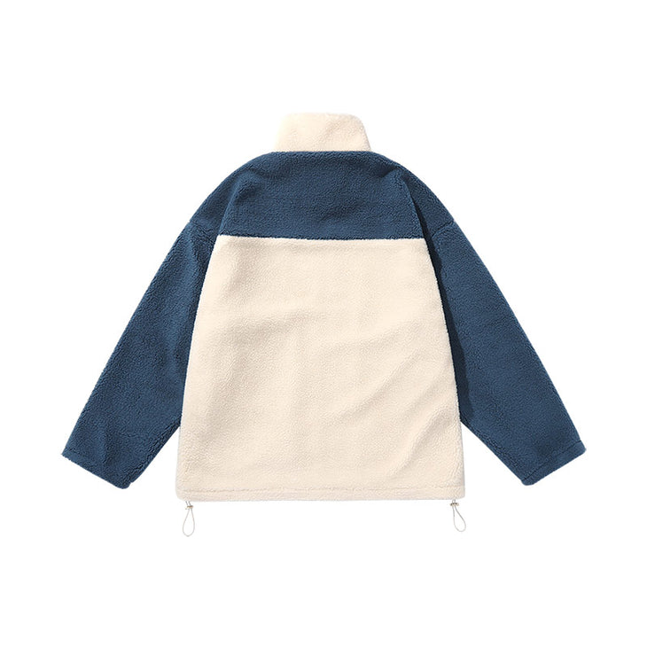 Simple style contrast color spliced fleece couple stand collar jacket