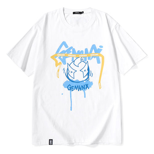 Lightning-king alphabet graffiti print loose shoulder cotton round neck T-shirt