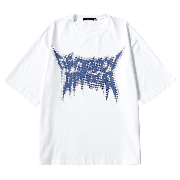Alphabet graffiti print loose sleeved cotton crewneck T-shirt