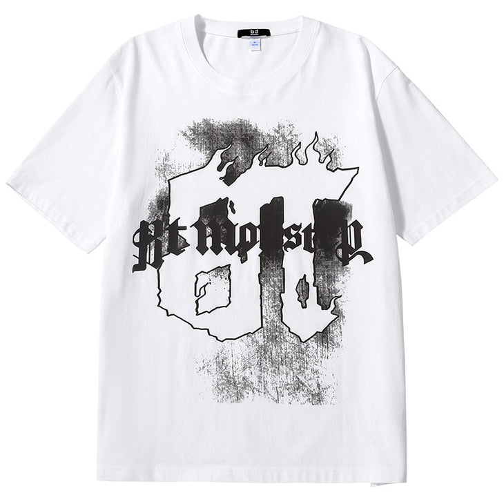 Creative Flame Alphabet print loose sleeved cotton crewneck T-shirt