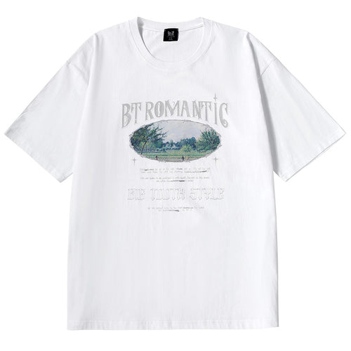 Natural landscape monogram print loose sleeved cotton round neck T-shirt