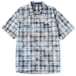 Grey-blue plaid creative pattern monogram printed embroidered short-sleeved shirt