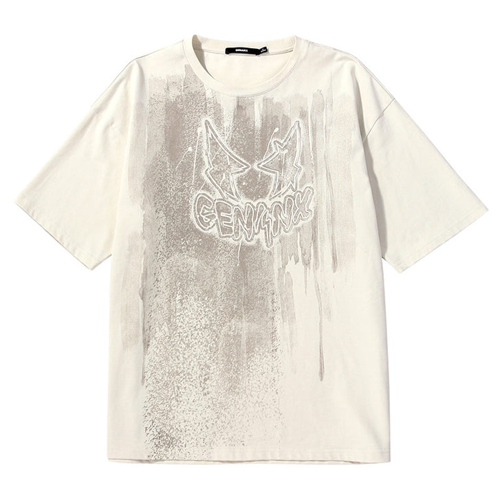 Chinese ink pattern letter-print loose sleeved heavy T-shirt