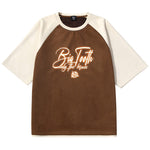 American retro style Flame alphabet print color patchwork suede T-shirt