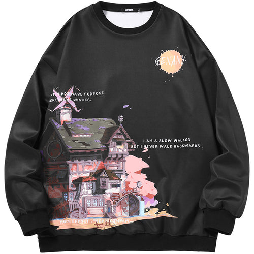Comic book style Castle cabin print space cotton drop cuff ribbed sleeve hoodie