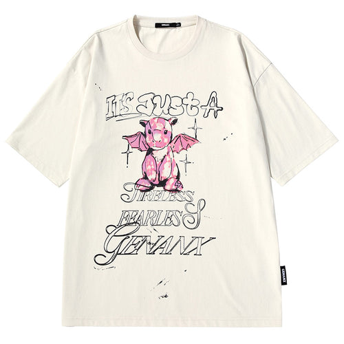 Cartoon Dragon alphabet print loose shoulder heavy cotton T-shirt