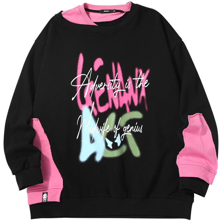 Black and pink color irregular patchwork letter printing fake two heavy hoodie