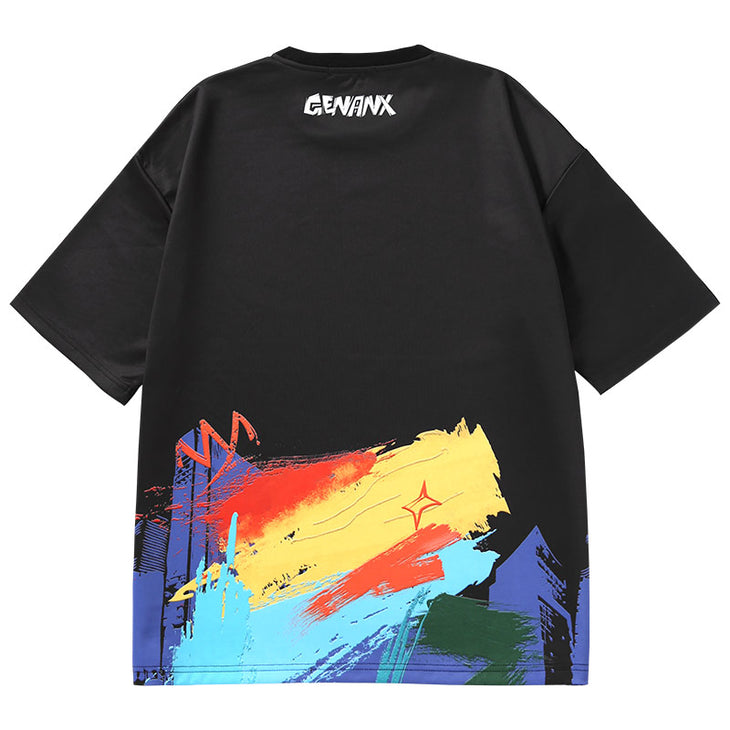 Rainbow graffiti print loose shoulder space cotton couple T-shirt