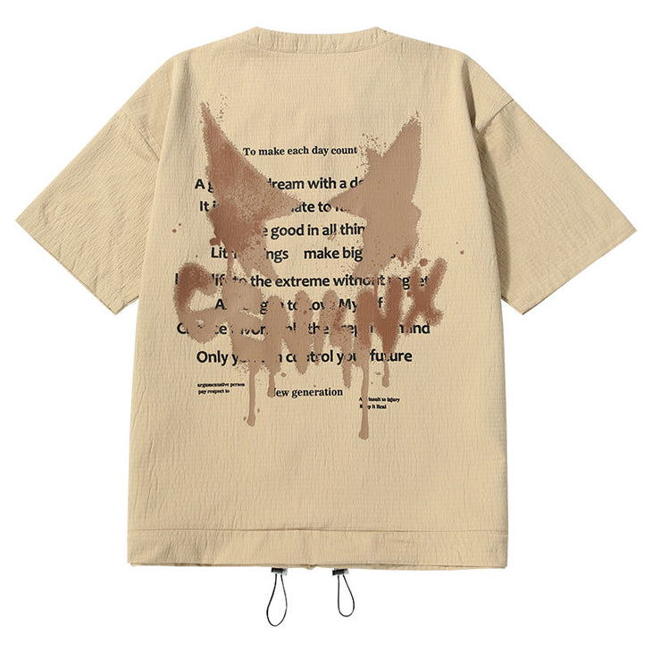 Waterproof bazaar letter-printed flip bag stretch cord half-zip T-shirt