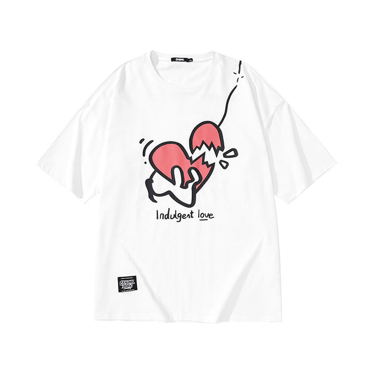 Simple style love binding graffiti print sleeved cotton T-shirt