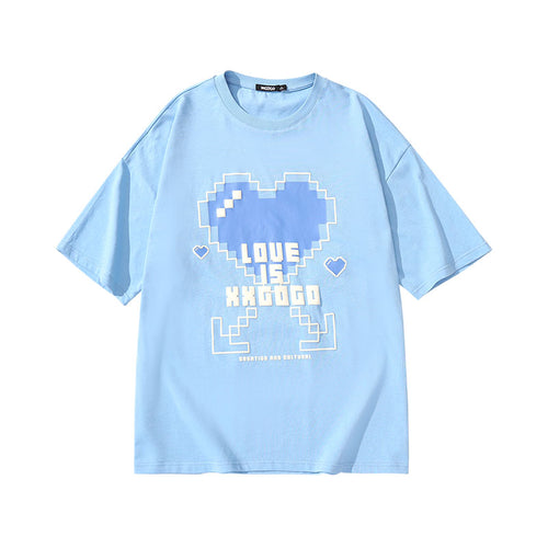 Irregular love letter line printed cotton loose round neck T-shirt