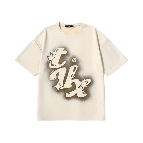 Creative pattern lettering spray paint print loose sleeved suede T-shirt