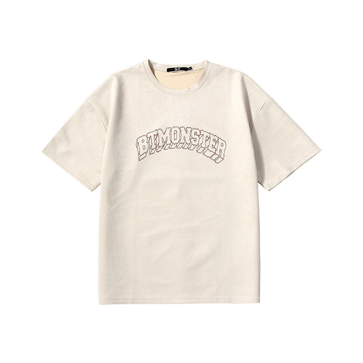 Three-dimensional English letter print loose sleeved suede round neck T-shirt