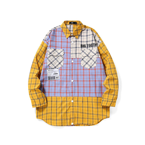 Color contrast patchwork Bigtooth print label irregular hem plaid shirt