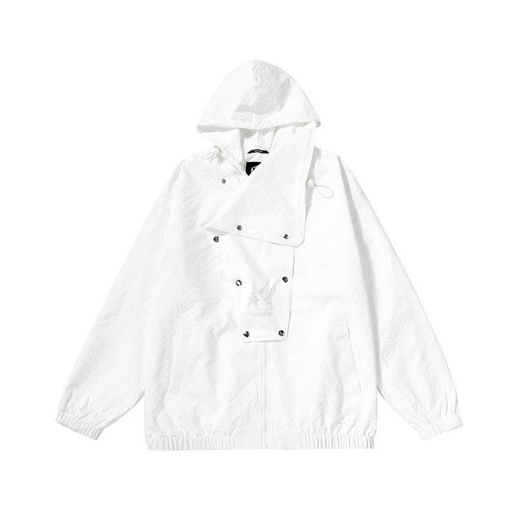 Embroidered hooded four-button detachable collar waterproof film jacket