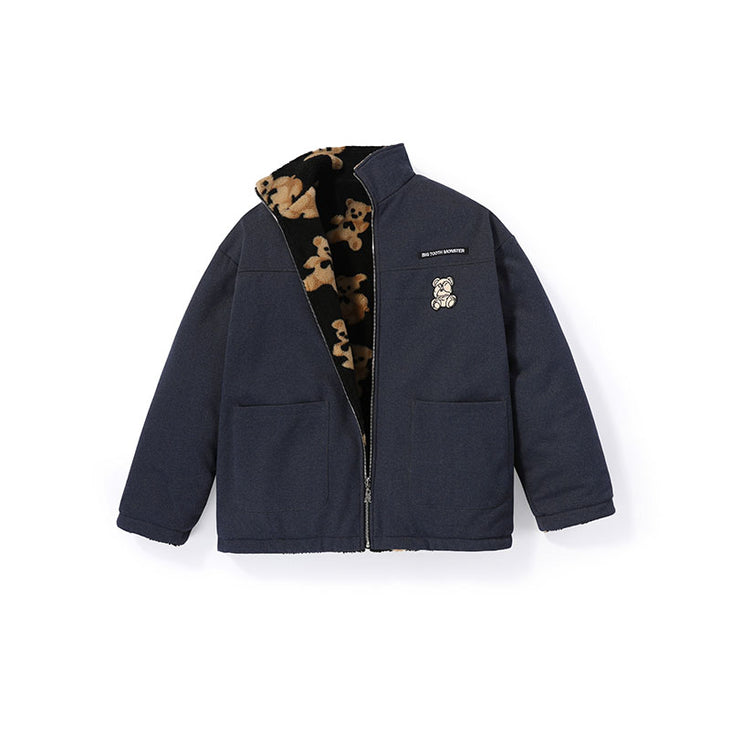 Reversible embroidered bear print drop shoulder imitation denim fleece jacket