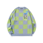 Color contrast patchwork plaid jacquard big-tooth monster graffiti embroider down shoulder sleeve sweater