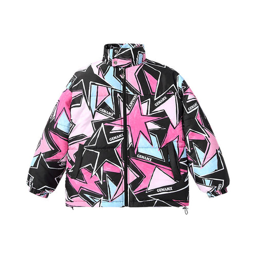 Contrasting color geometric five-pointed star printed elastic rope hem button stand collar padded jacket