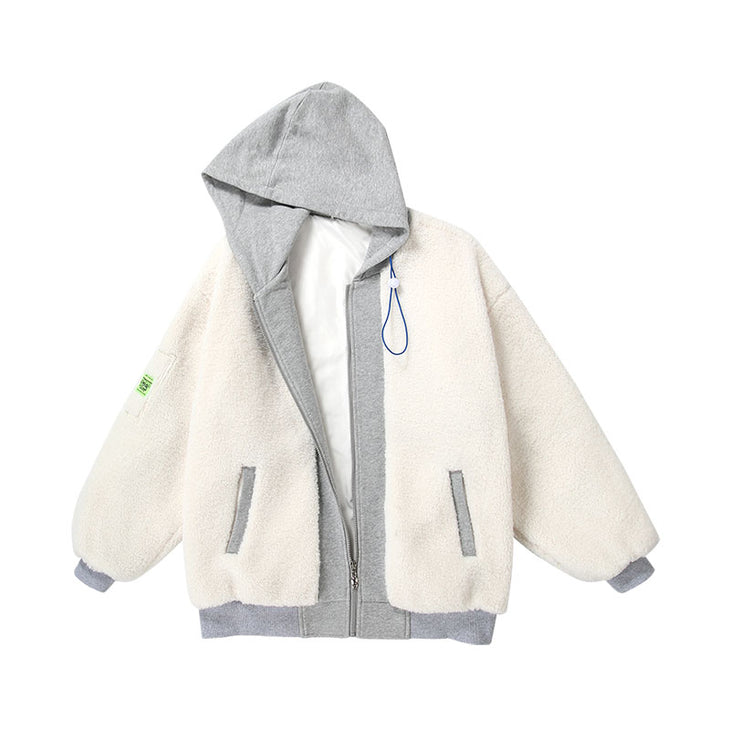 Mixed colour teddy fleece pocket hooded matching jacket