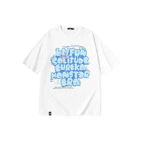 Splash-ink letter-graffiti printed round neck drop shoulder sleeve five-quarter sleeve cotton T-shirt