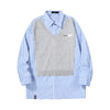 Mixed color blue and white striped ripped thread with printed sweater applique shirt