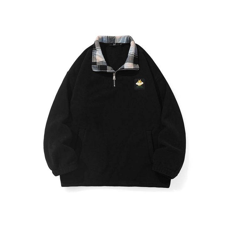 Embroidered embroidered half-zip stand-up collar drop shoulder sleeve fleece and fleece hoodie