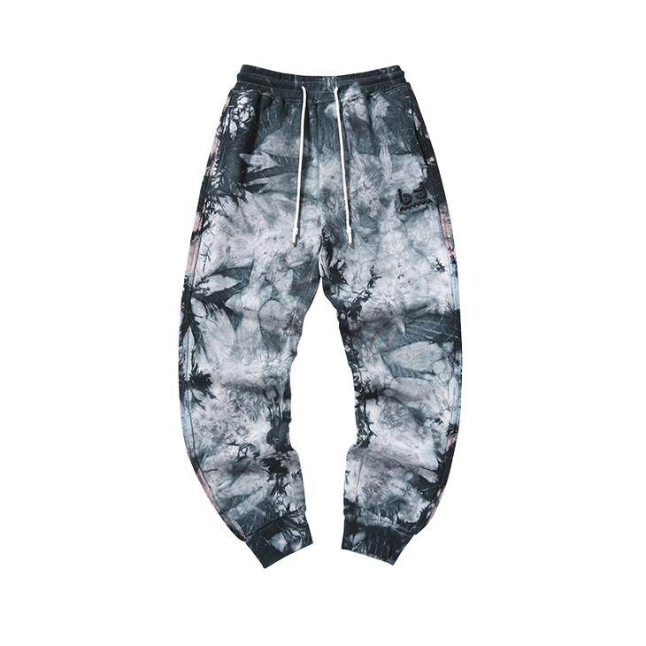 Retro style black grey tie-dye printed embroidered stretch leg sports casual pants