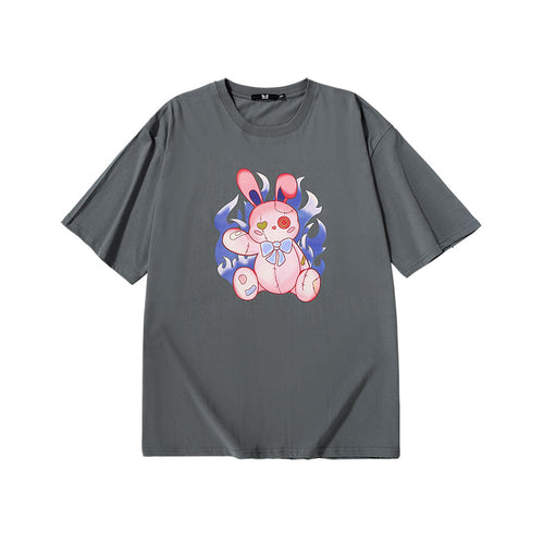 Creative Bunny print loose sleeved cotton round neck T-shirt