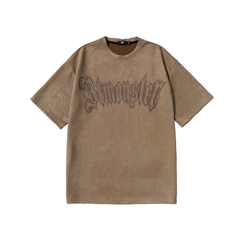Creative English letter print loose sleeved suede round neck T-shirt