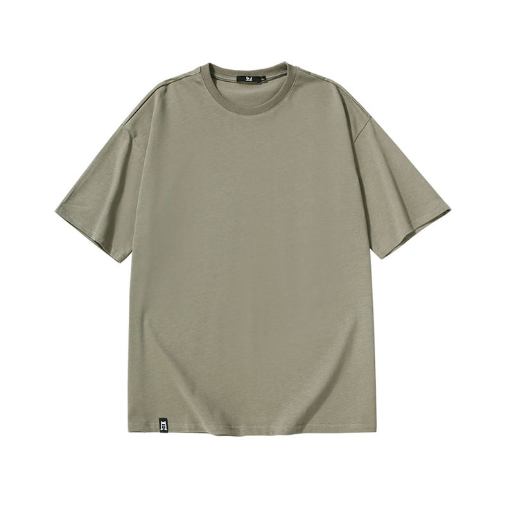 Simple basic solid color loose sleeved cotton round neck T-shirt