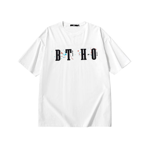 English letter spray-painted print loose sleeved cotton round neck T-shirt