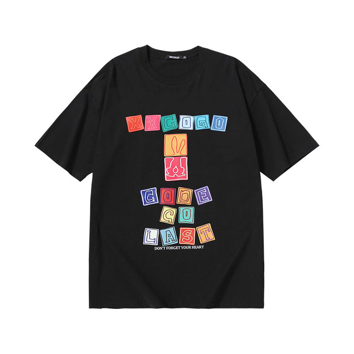Rainbow color square letter cartoon rabbit print sleeved cotton T-shirt